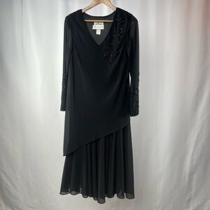 Vintage Cattiva x Saks Fifth Avenue V Neck Beaded Asymmetric Dress in Black Sz 8